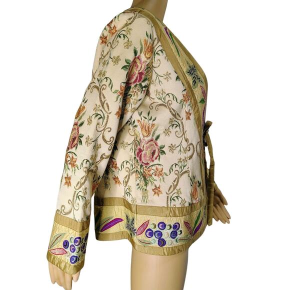 Metallic Kimono Thread Custom Beige Quilt Patchwork Floral Embroidered Size MED - Picture 3 of 8